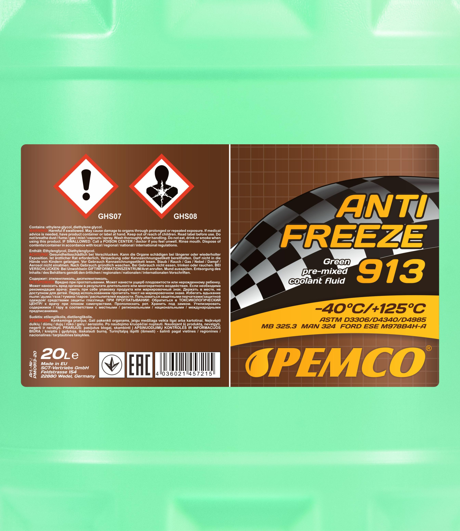 PEMCO ANTIFREEZE 913 -40 °C 20 л. Готовый раствор охлаждающей жидкости антифриз зеленый