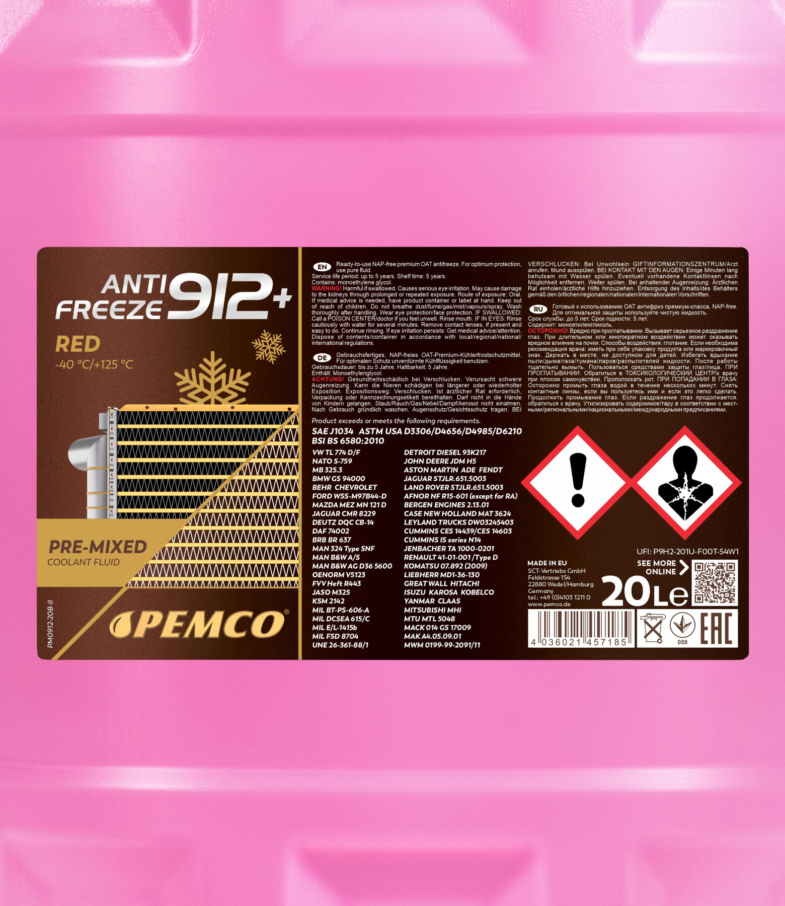 PEMCO ANTIFREEZE 912+ -40 °C 20 л. Готовый раствор охлаждающей жидкости антифриз красный