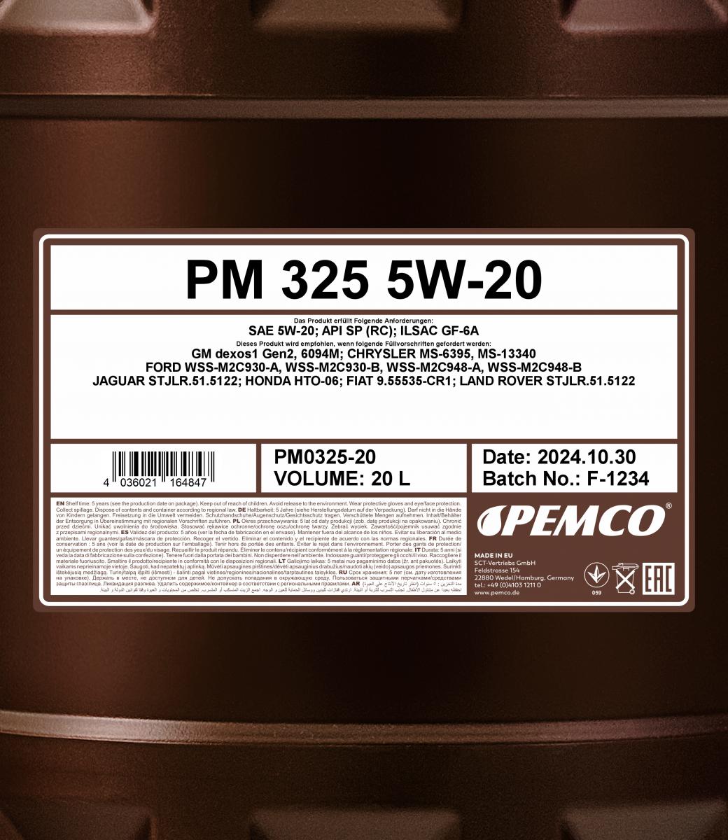 PEMCO 325 5W20 20 л. Синтетическое моторное масло 5W-20