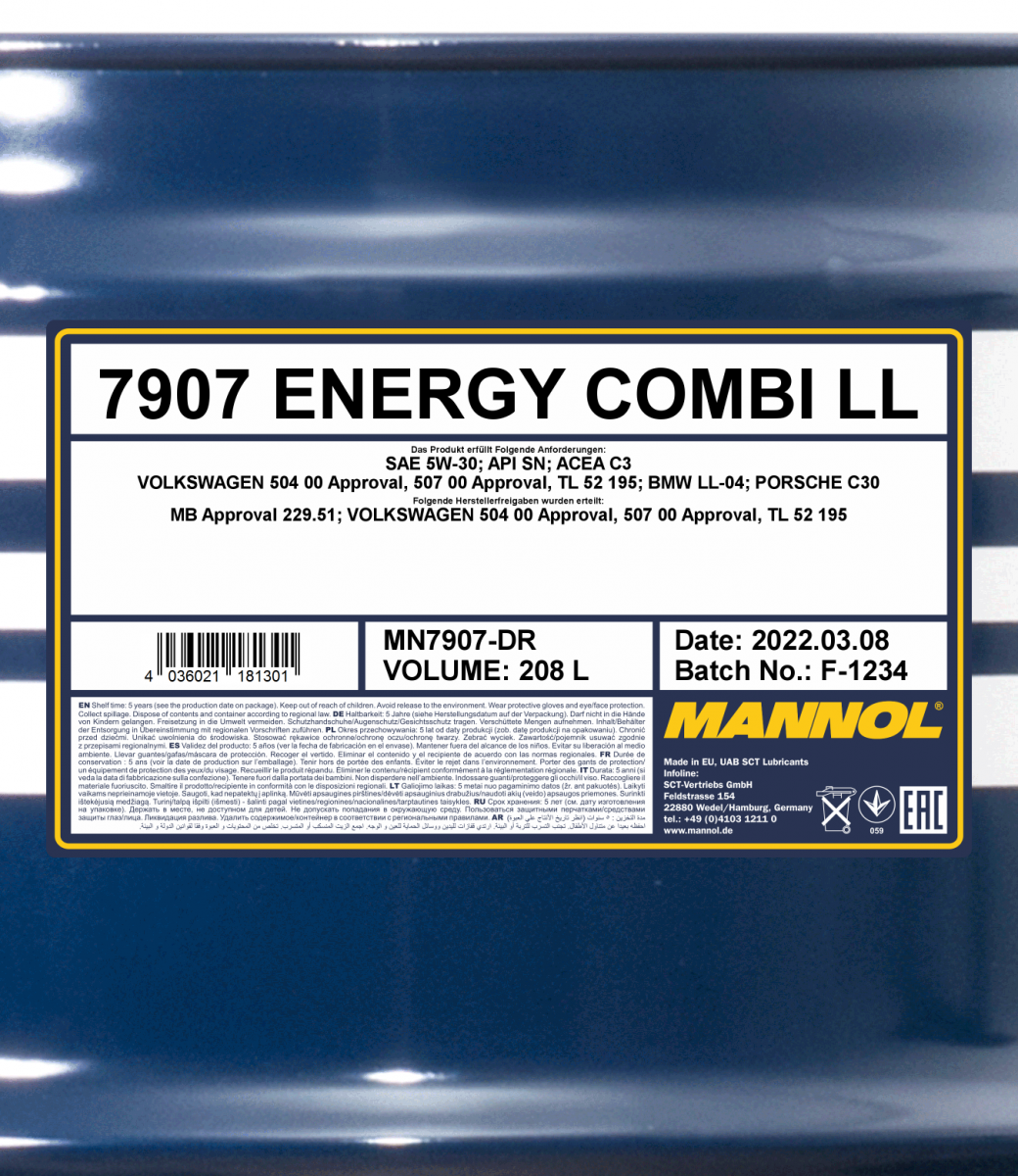 7907 MANNOL ENERGY COMBI LL 5W30 208 л. Синтетическое моторное масло 5W-30