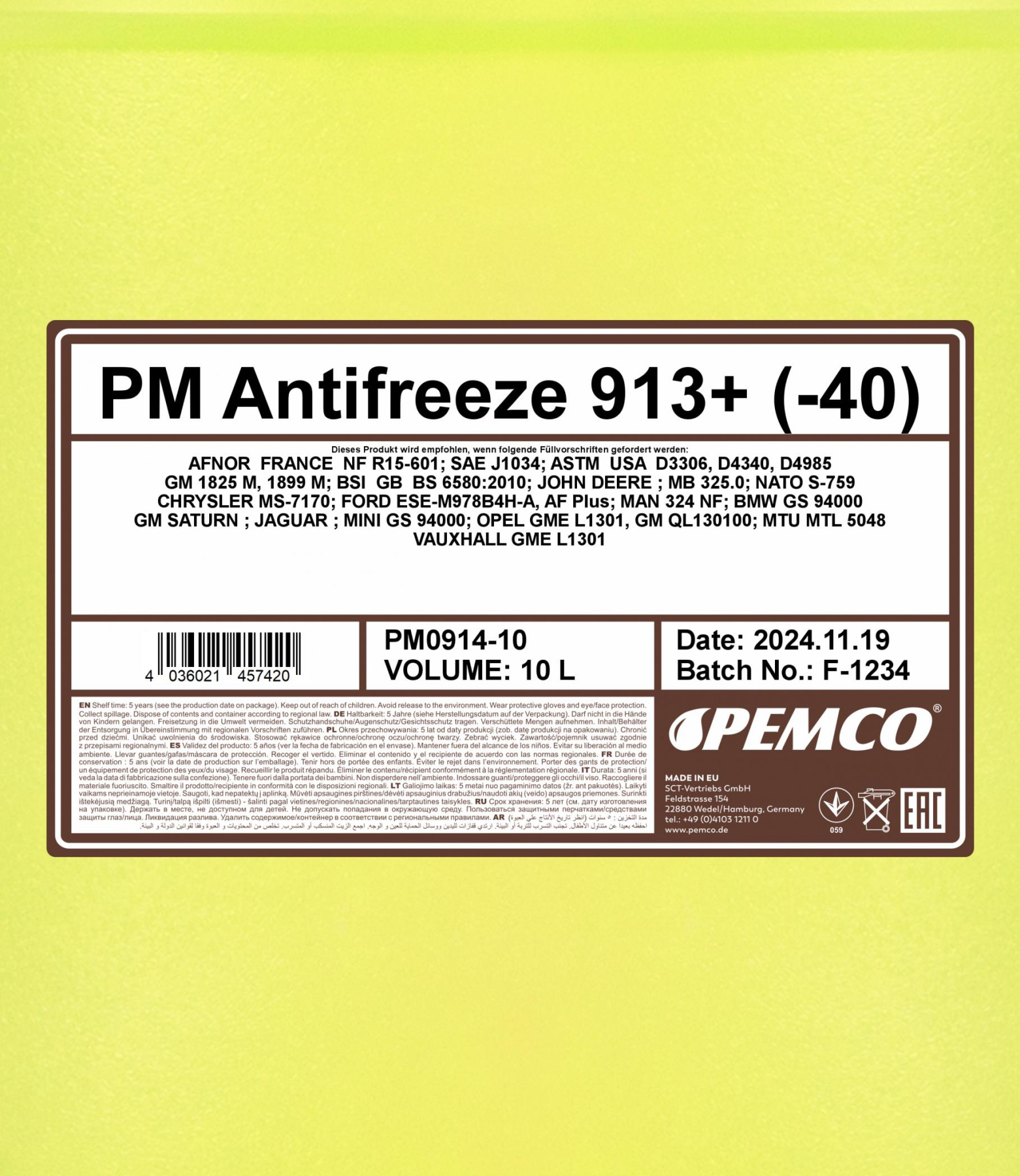 PEMCO ANTIFREEZE 913+ -40 °C 10 л. Готовый раствор охлаждающей жидкости антифриз желтый