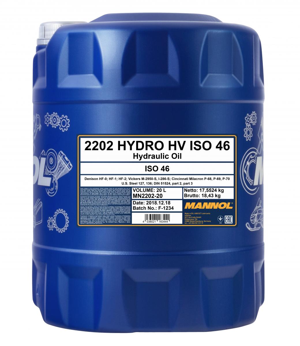 2202 MANNOL HYDRO HV ISO 46 20 л. Гидравлическое масло с высоким индексом вязкости
