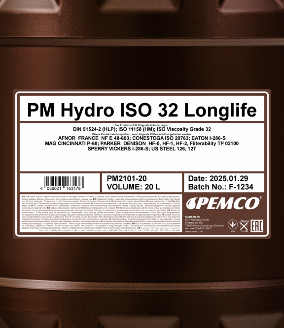 PEMCO HYDRO ISO 32 20 л. Минеральное гидравлическое масло   