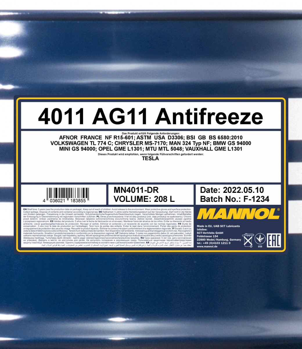 4011 MANNOL ANTIFREEZE LONGTERM AG11 208 л. Готовый раствор охлаждающей жидкости антифриз синий
