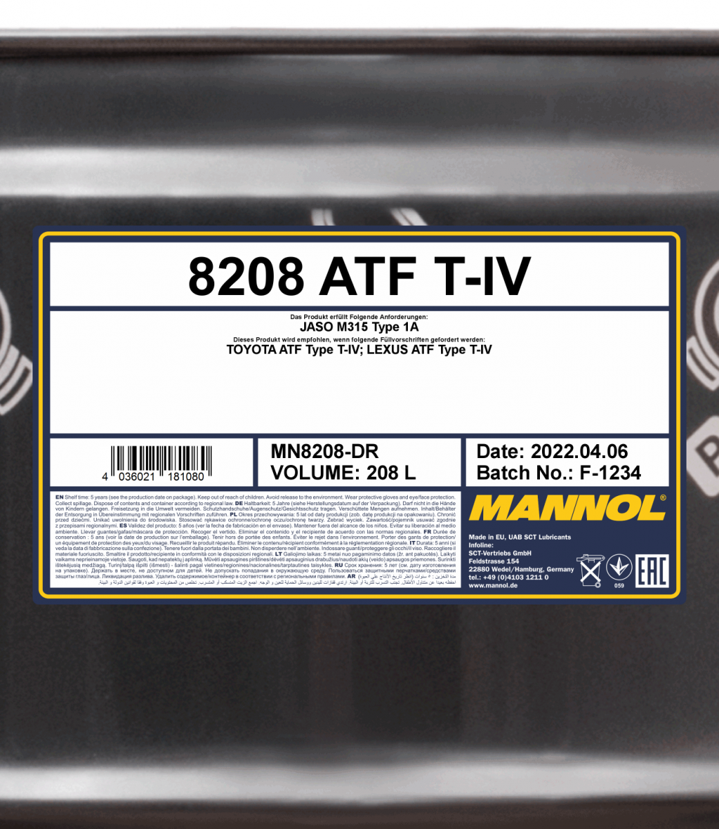 8208 MANNOL ATF T-IV 208 л. Синтетическая трансмиссионная жидкость 