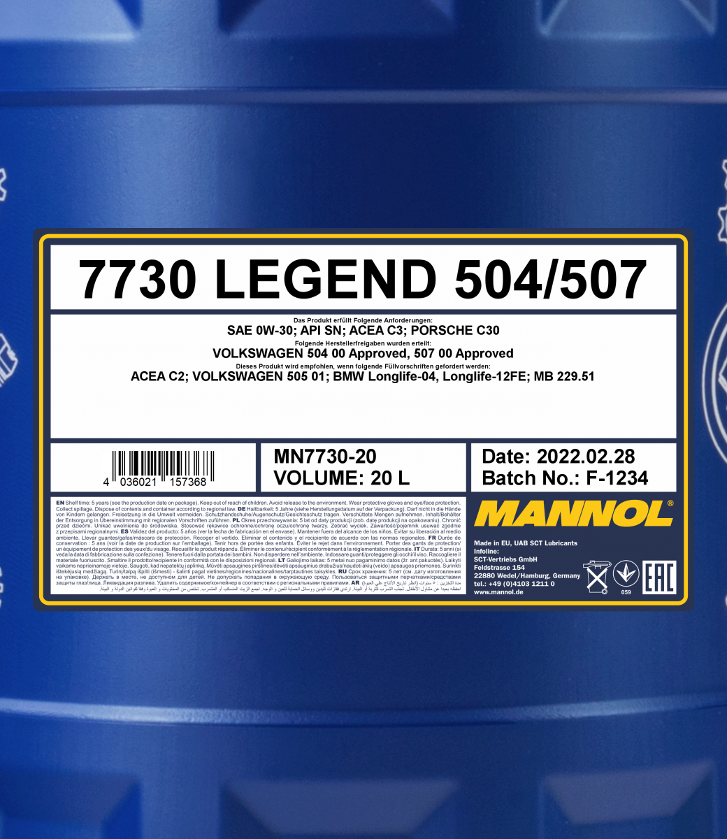 7730 MANNOL LEGEND 504/507 0W30 20 л. Синтетическое моторное масло 0W-30 