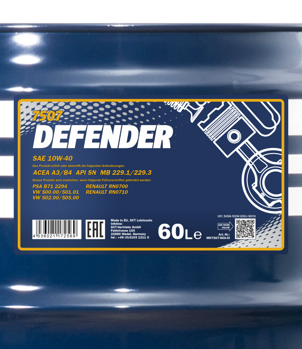 7507 MANNOL DEFENDER 10W40 60 л. Полусинтетическое моторное масло 10W-40