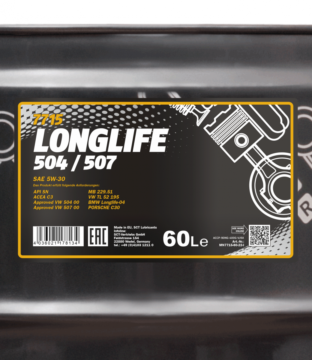 7715 MANNOL LONGLIFE 504/507 5W30 60 л. Синтетическое моторное масло 5W-30