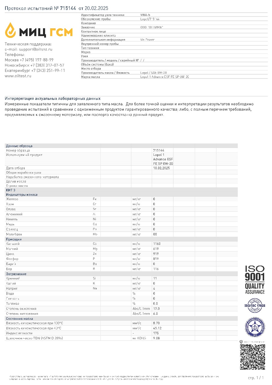 LOPAL 1 ADVANCE ESF FE SP 0W20 4 л. Синтетическое моторное масло 0W-20