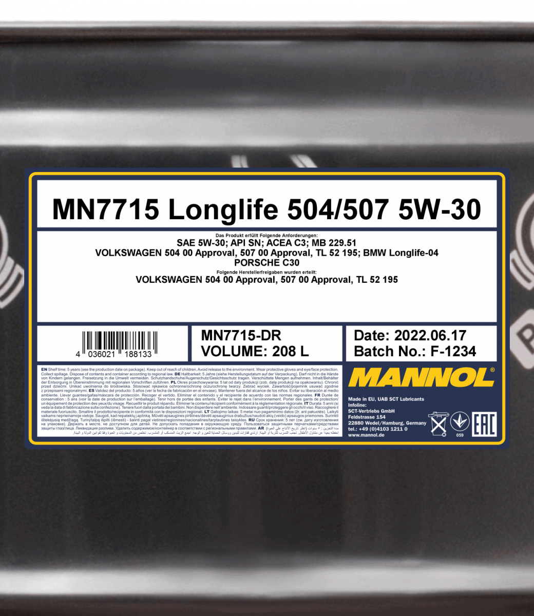 7715 MANNOL LONGLIFE 504/507 5W30 208 л. Синтетическое моторное масло 5W-30