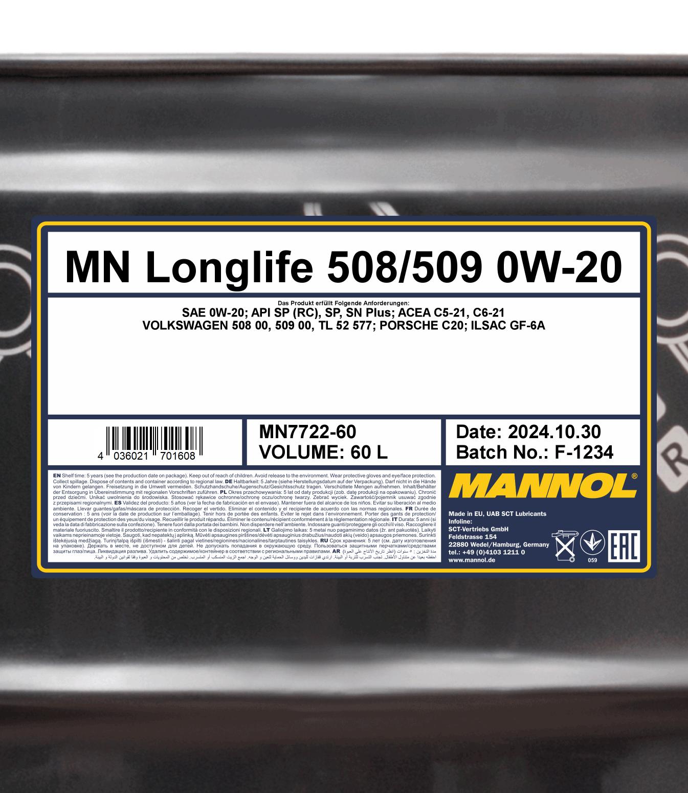 7722 MANNOL LONGLIFE 508/509 0W20 60 л. Синтетическое моторное масло 0W-20