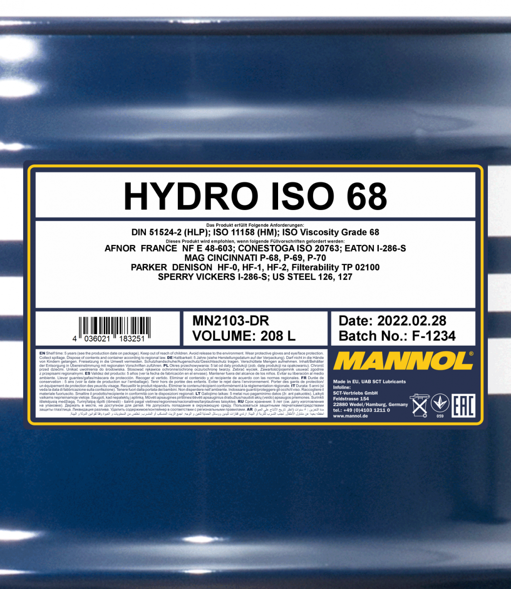 2103 MANNOL HYDRO ISO 68 208 л. Гидравлическое масло